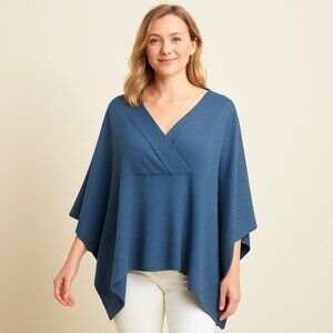 MarlaWynne SZ M/L Cotton Viscose Blue Everywhere V Neck Poncho Sweater NWT